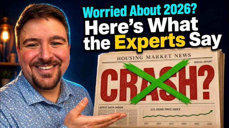 Suburban houses with a rising and falling market chart overlay questioning a 2026 housing crash