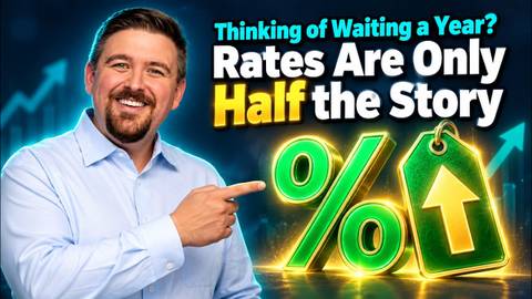 Split comparison showing buying a home now versus waiting a year for lower mortgage rates and its effect on price and payment